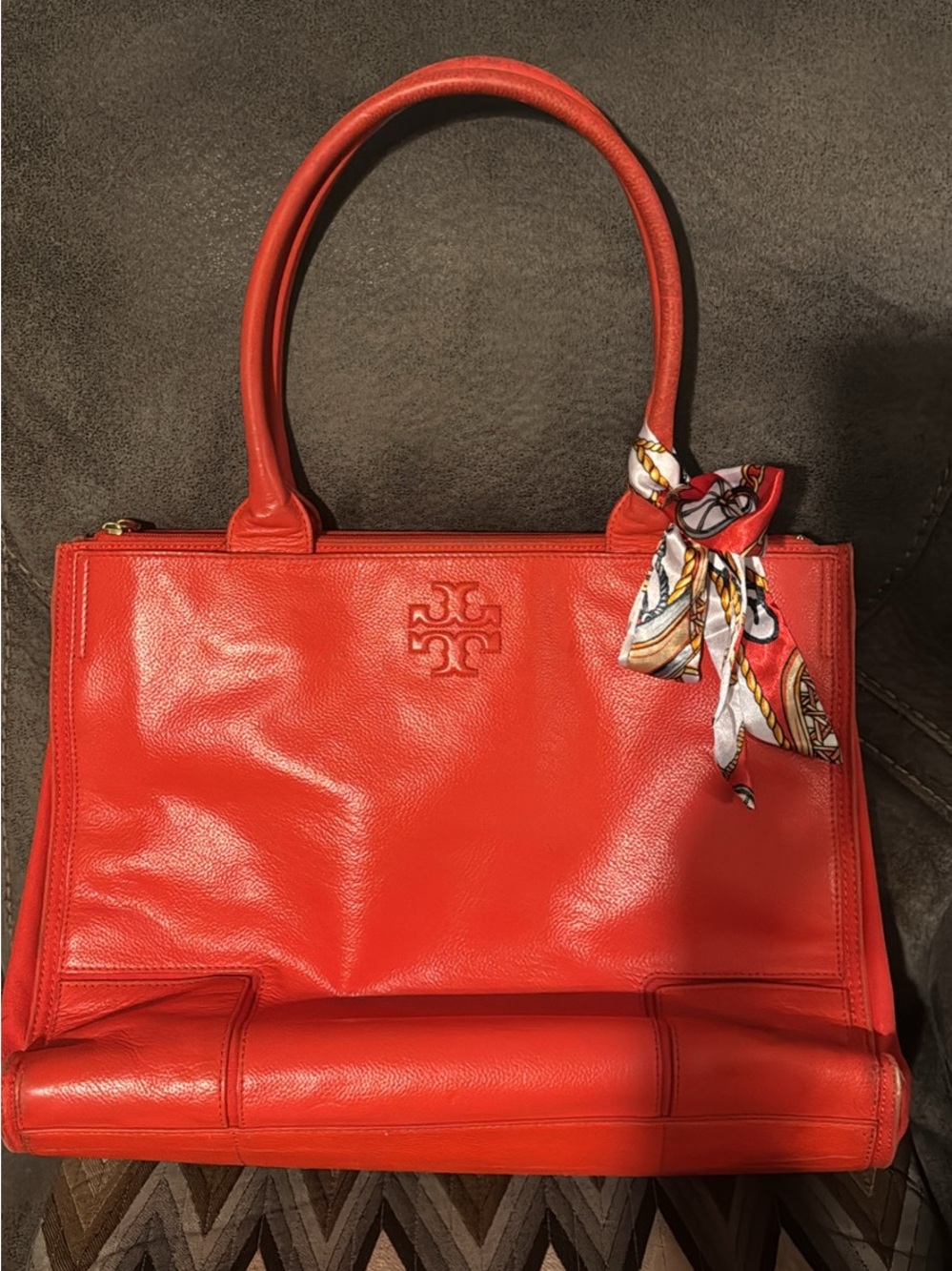 Tory Burch Bright Red Leather Satchel with Scarf Accent